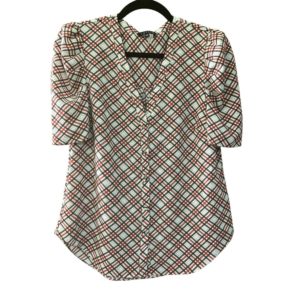 1 State plaid button front puffed shoulder short sleeve blouse top